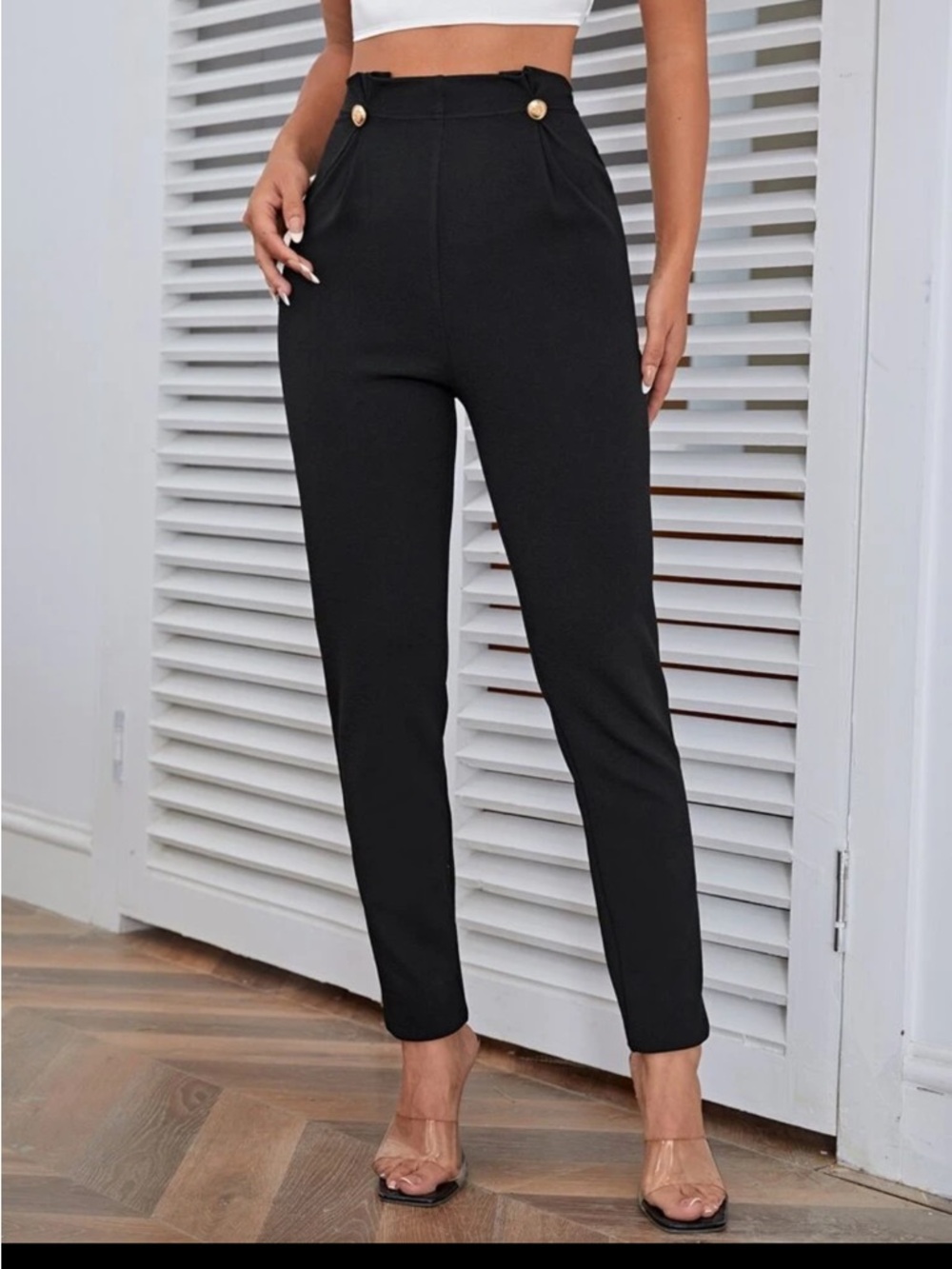 High waist Black Pants with Gold Button Accents